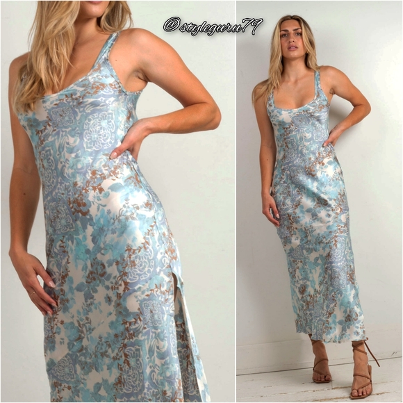 NWT, Free People, WORTH THE WAIT BIAS SLIP DRESS IN ICE COMBO BLUE - Picture 2 of 2